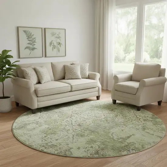 8' Artichoke Green Gray And Taupe Abstract Washable Round Rug With UV Protection Photo 1