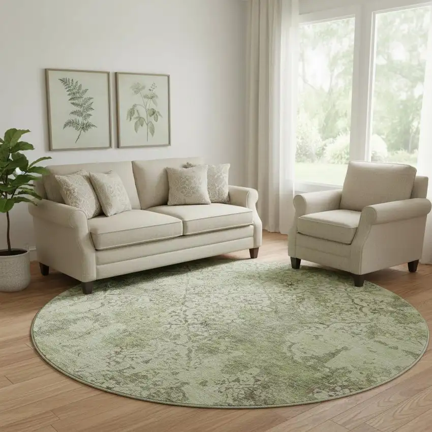 8' Artichoke Green Gray And Taupe Abstract Washable Round Rug With UV Protection Photo 1