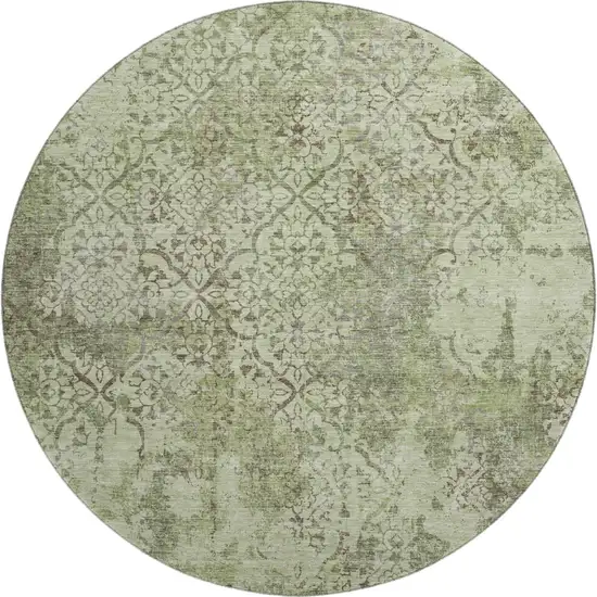 8' Artichoke Green Gray And Taupe Abstract Washable Round Rug With UV Protection Photo 1