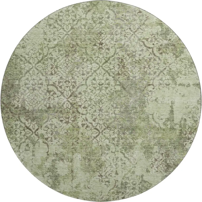 8' Artichoke Green Gray And Taupe Abstract Washable Round Rug With UV Protection Photo 1