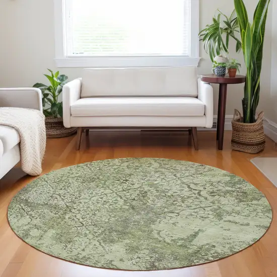 8' Artichoke Green Gray And Taupe Abstract Washable Round Rug With UV Protection Photo 5