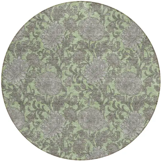 8' Artichoke Green Gray And Taupe Round Floral Washable Indoor Outdoor Area Rug Photo 2