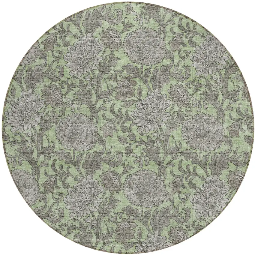 8' Artichoke Green Gray And Taupe Round Floral Washable Indoor Outdoor Area Rug Photo 2