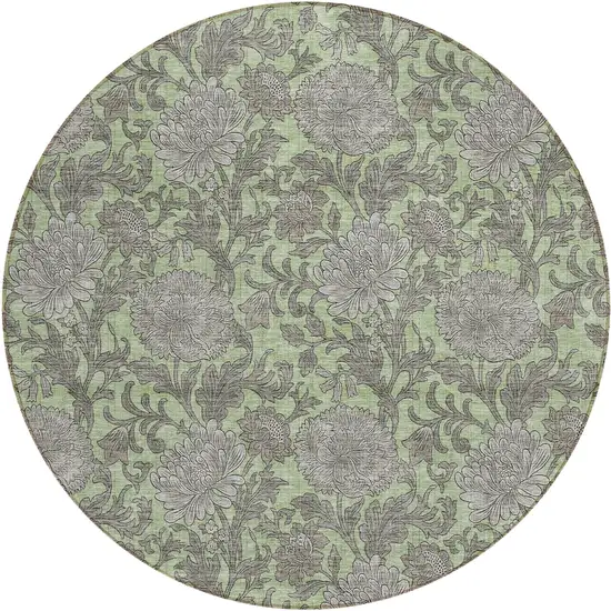 8' Artichoke Green Gray And Taupe Round Floral Washable Indoor Outdoor Area Rug Photo 2