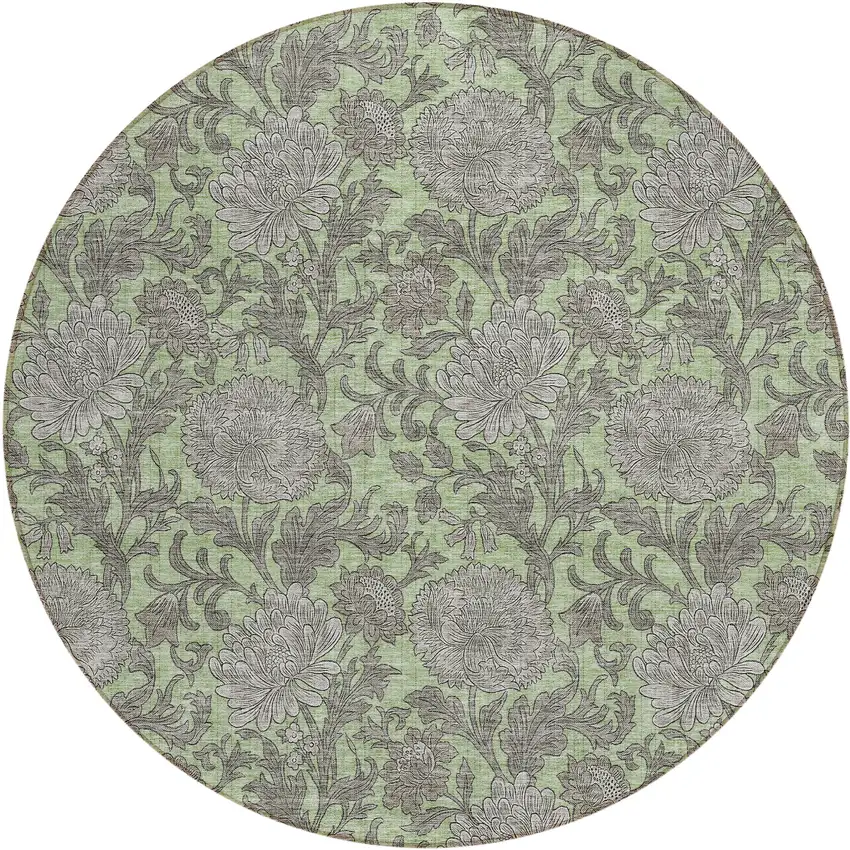 8' Artichoke Green Gray And Taupe Round Floral Washable Indoor Outdoor Area Rug Photo 2