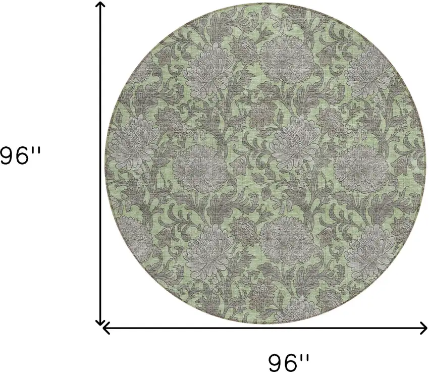 8' Artichoke Green Gray And Taupe Round Floral Washable Indoor Outdoor Area Rug Photo 3