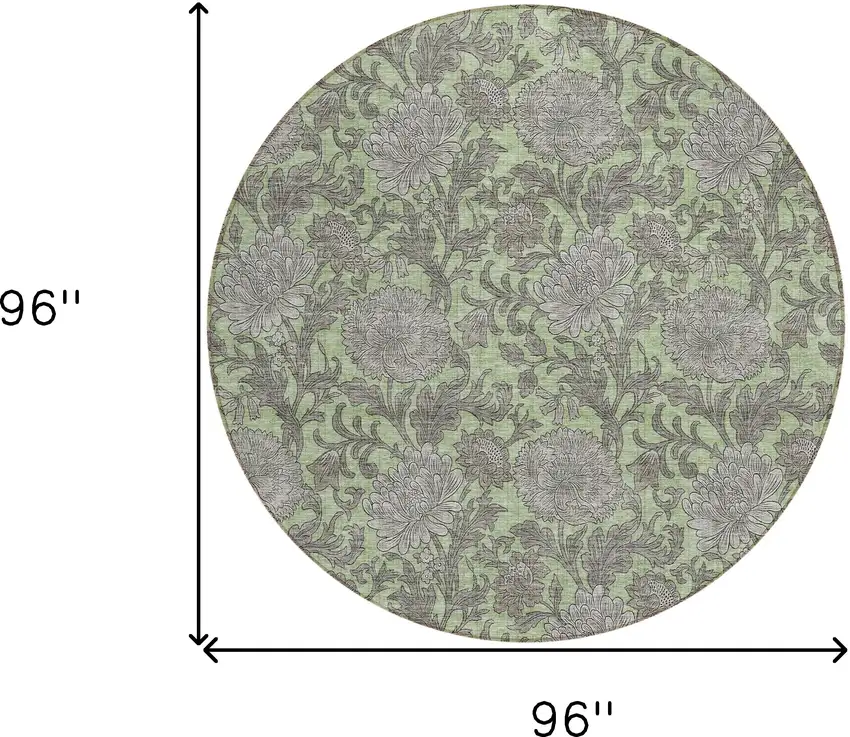 8' Artichoke Green Gray And Taupe Round Floral Washable Indoor Outdoor Area Rug Photo 3