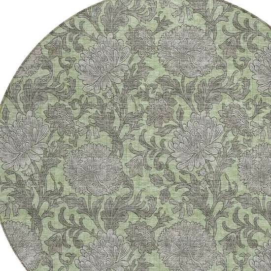 8' Artichoke Green Gray And Taupe Round Floral Washable Indoor Outdoor Area Rug Photo 4