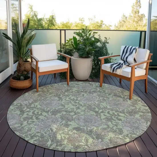 8' Artichoke Green Gray And Taupe Round Floral Washable Indoor Outdoor Area Rug Photo 6