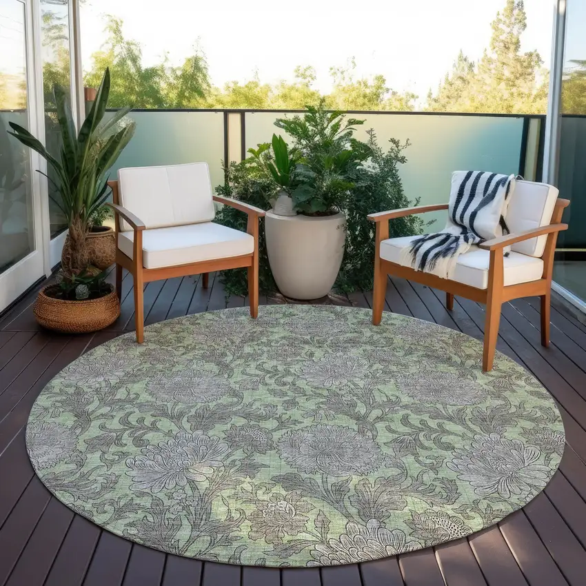 8' Artichoke Green Gray And Taupe Round Floral Washable Indoor Outdoor Area Rug Photo 6