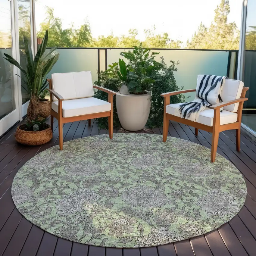 8' Artichoke Green Gray And Taupe Round Floral Washable Indoor Outdoor Area Rug Photo 6