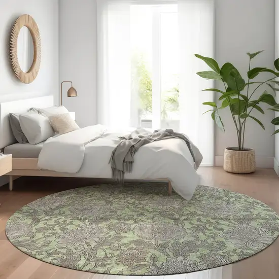 8' Artichoke Green Gray And Taupe Round Floral Washable Indoor Outdoor Area Rug Photo 7