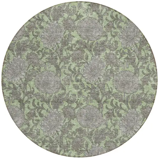 8' Artichoke Green Gray And Taupe Round Floral Washable Indoor Outdoor Area Rug Photo 5