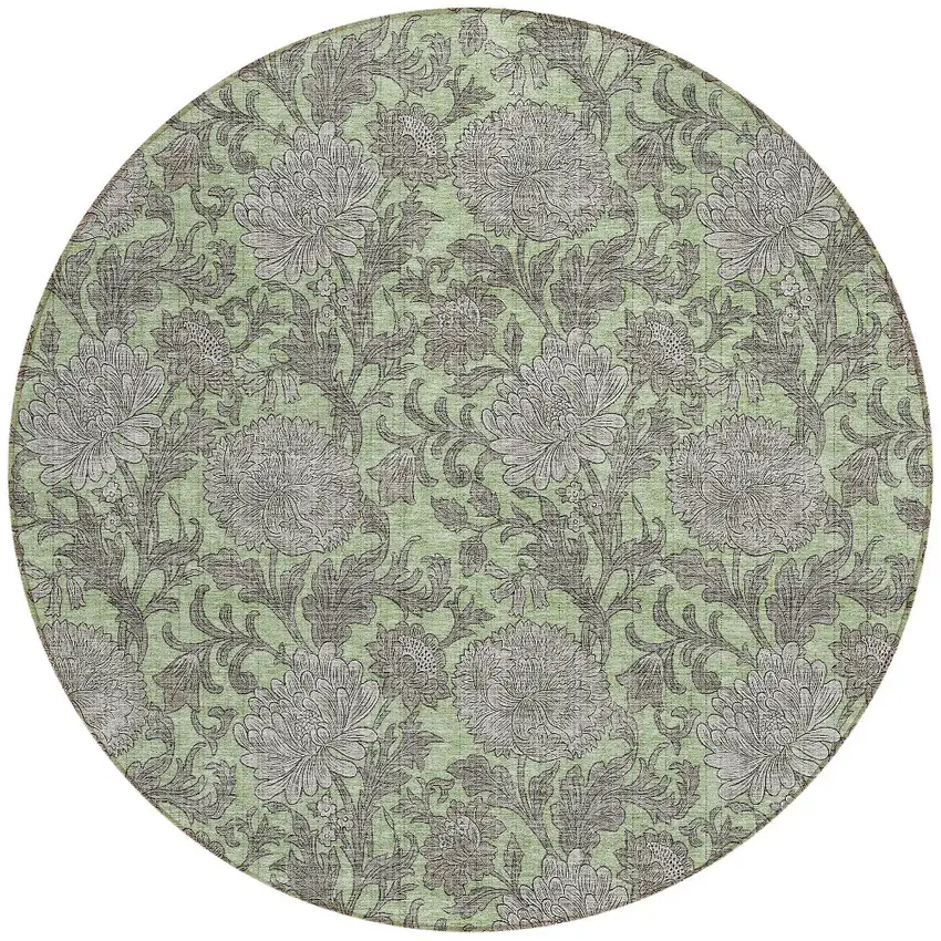 8' Artichoke Green Gray And Taupe Round Floral Washable Indoor Outdoor Area Rug Photo 5