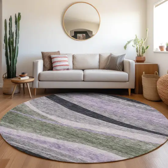 8' Artichoke Green Green And Black Round Abstract Washable Indoor Outdoor Area Rug Photo 8