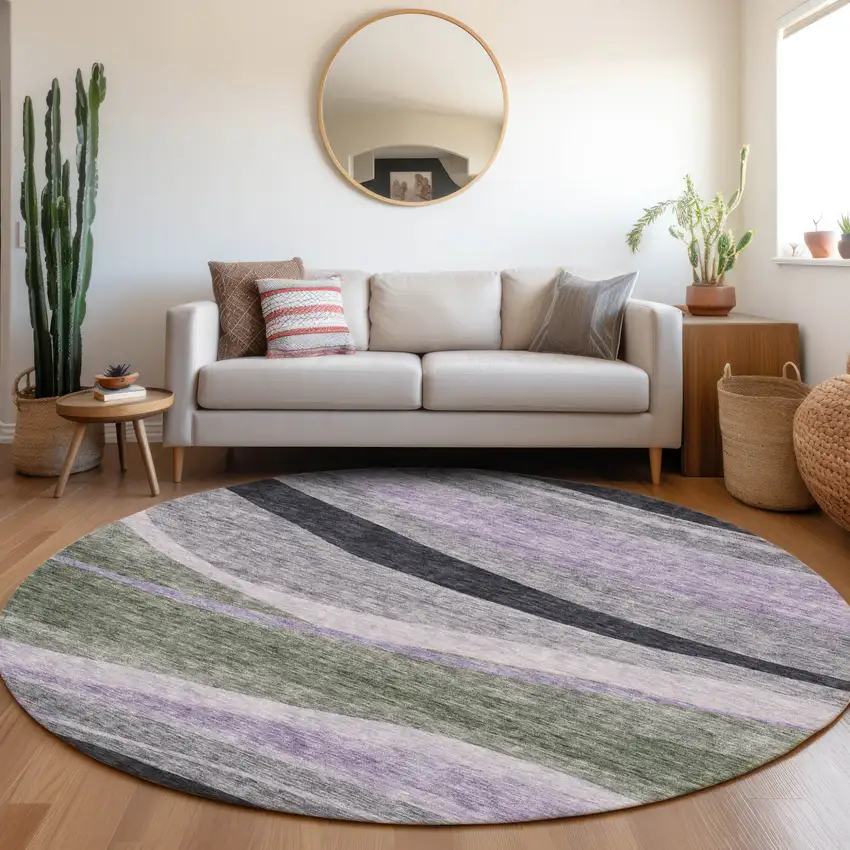 8' Artichoke Green Green And Black Round Abstract Washable Indoor Outdoor Area Rug Photo 8