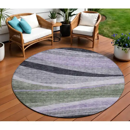 8' Artichoke Green Green And Black Round Abstract Washable Indoor Outdoor Area Rug Photo 1