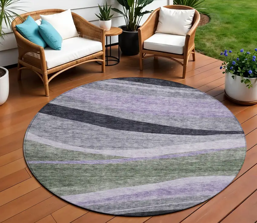 8' Artichoke Green Green And Black Round Abstract Washable Indoor Outdoor Area Rug Photo 1