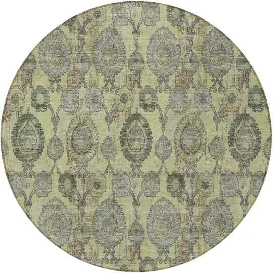 8' Artichoke Green Green And Gray Round Damask Washable Indoor Outdoor Area Rug Photo 5