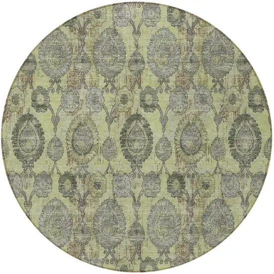 8' Artichoke Green Green And Gray Round Damask Washable Indoor Outdoor Area Rug Photo 5