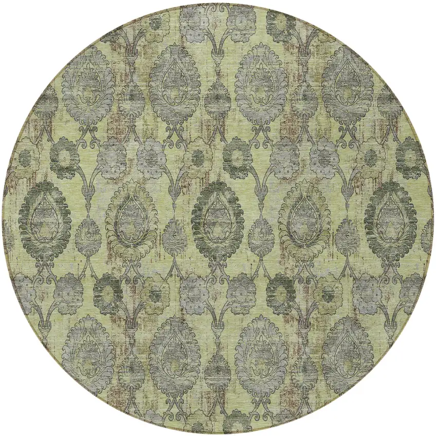 8' Artichoke Green Green And Gray Round Damask Washable Indoor Outdoor Area Rug Photo 5