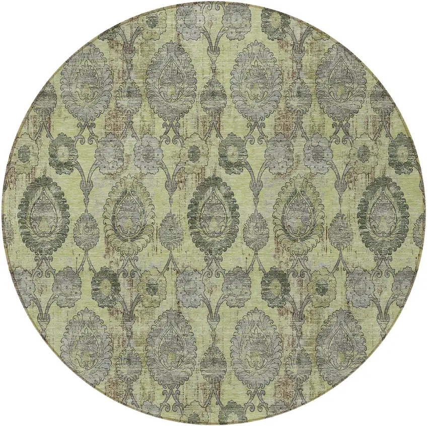 8' Artichoke Green Green And Gray Round Damask Washable Indoor Outdoor Area Rug Photo 5
