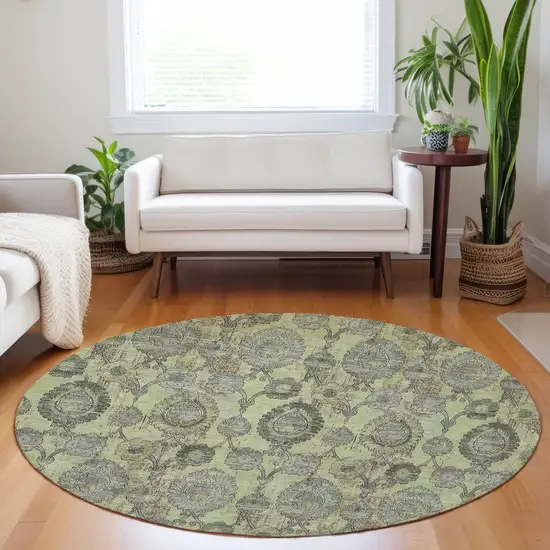8' Artichoke Green Green And Gray Round Damask Washable Indoor Outdoor Area Rug Photo 7