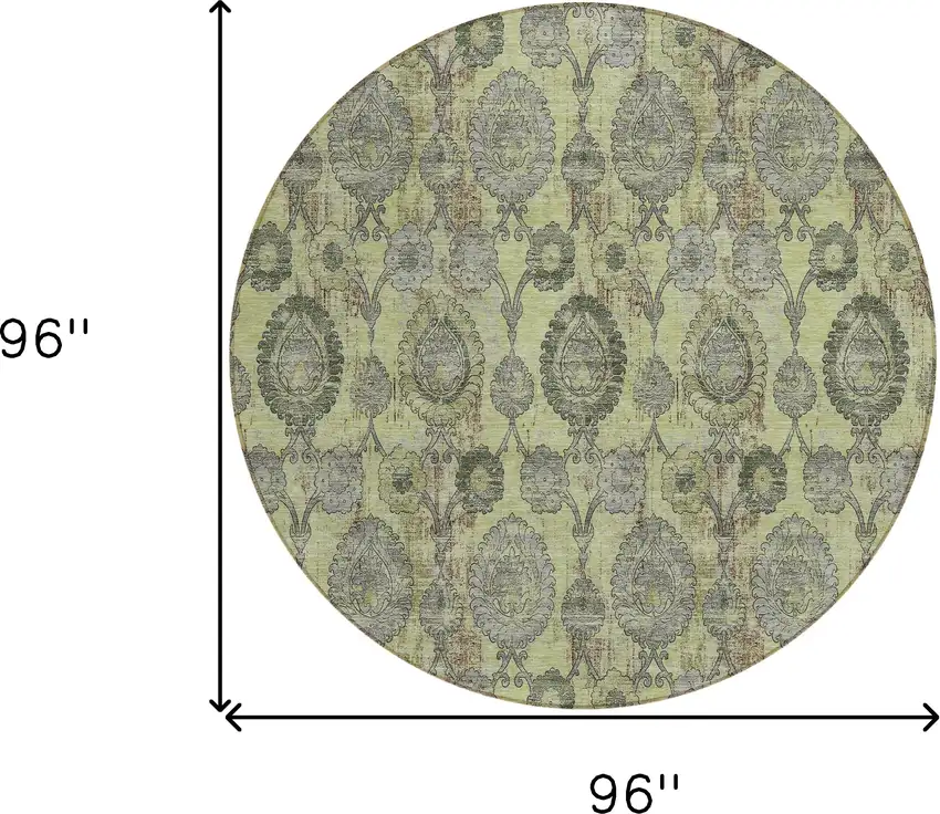 8' Artichoke Green Green And Gray Round Damask Washable Indoor Outdoor Area Rug Photo 3