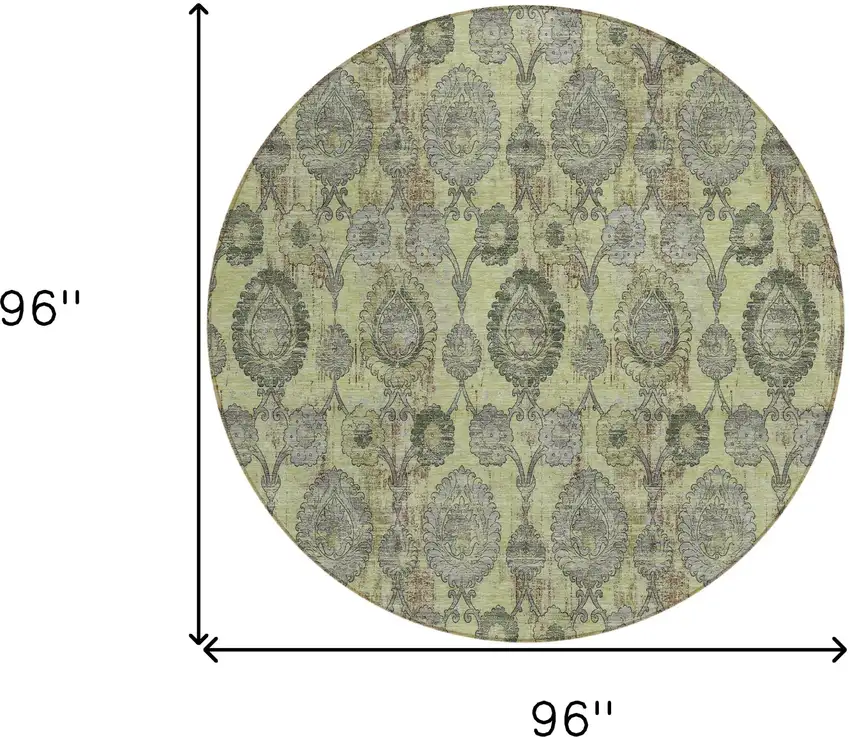 8' Artichoke Green Green And Gray Round Damask Washable Indoor Outdoor Area Rug Photo 3