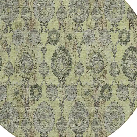 8' Artichoke Green Green And Gray Round Damask Washable Indoor Outdoor Area Rug Photo 4