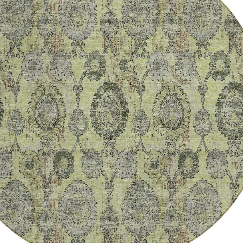 8' Artichoke Green Green And Gray Round Damask Washable Indoor Outdoor Area Rug Photo 4