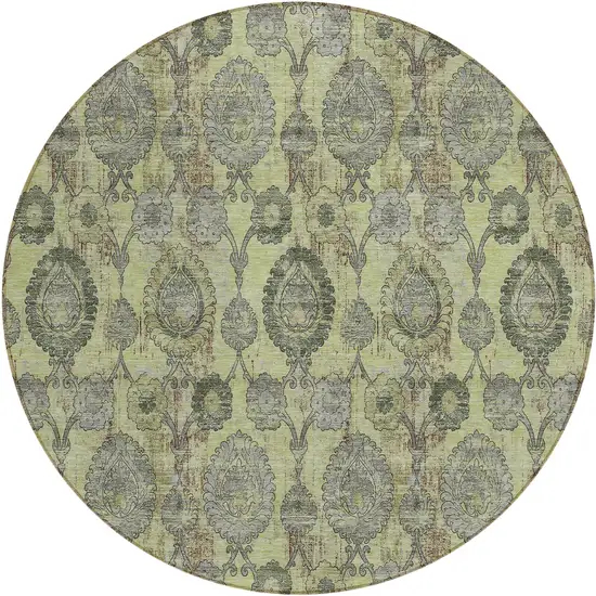 8' Artichoke Green Green And Gray Round Damask Washable Indoor Outdoor Area Rug Photo 2