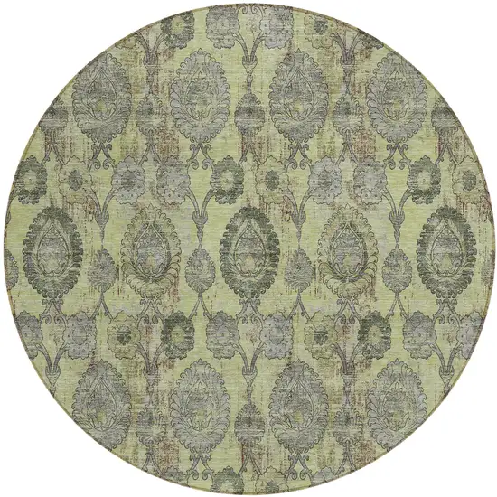 8' Artichoke Green Green And Gray Round Damask Washable Indoor Outdoor Area Rug Photo 2