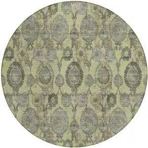 Photo of 8' Artichoke Green Green And Gray Round Damask Washable Indoor Outdoor Area Rug