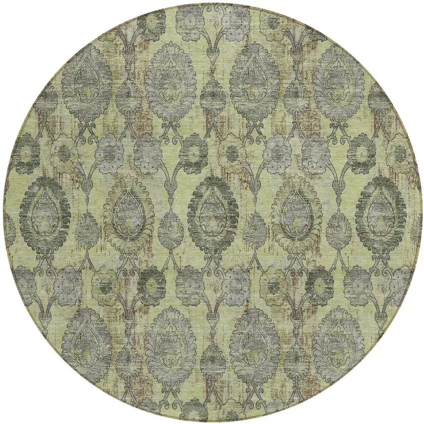 8' Artichoke Green Green And Gray Round Damask Washable Indoor Outdoor Area Rug Photo 2