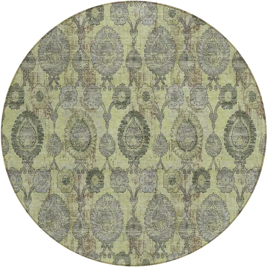 8' Artichoke Green Green And Gray Round Damask Washable Indoor Outdoor Area Rug Photo 2