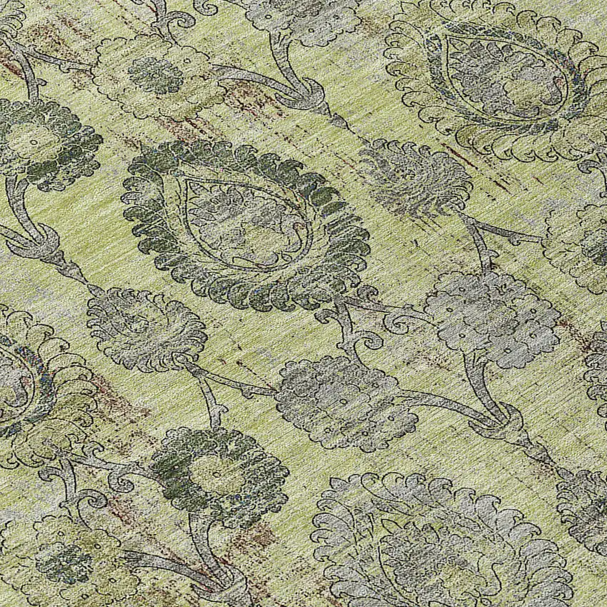 8' Artichoke Green Green And Gray Round Damask Washable Indoor Outdoor Area Rug Photo 8
