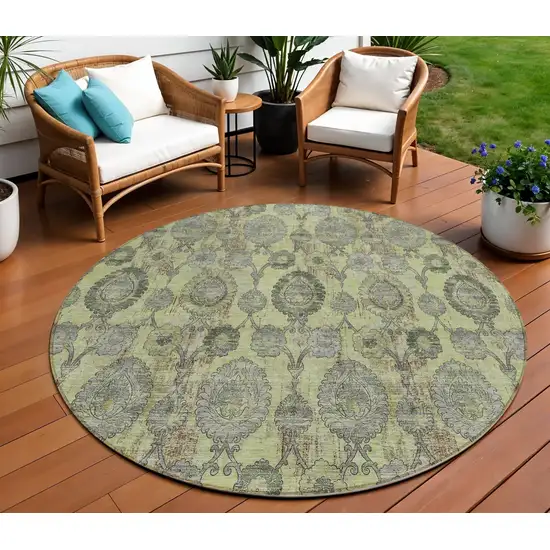 8' Artichoke Green Green And Gray Round Damask Washable Indoor Outdoor Area Rug Photo 1