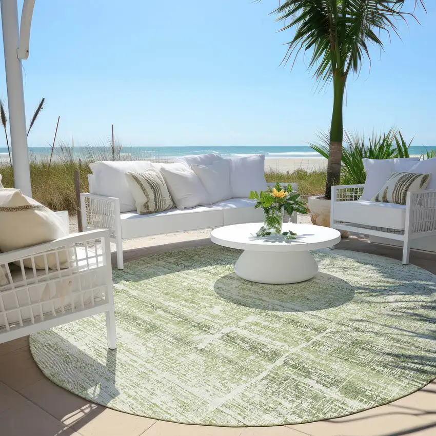 8' Artichoke Green Green And Ivory Round Abstract Washable Indoor Outdoor Area Rug Photo 6