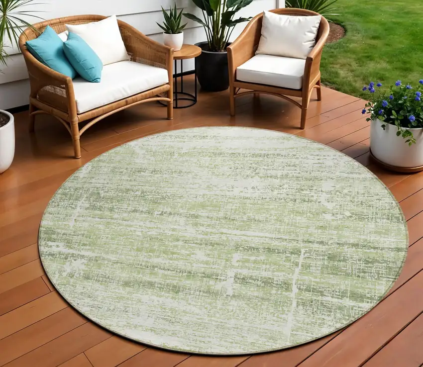 8' Artichoke Green Green And Ivory Round Abstract Washable Indoor Outdoor Area Rug Photo 1