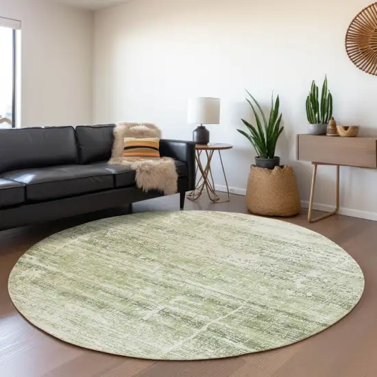 8' Artichoke Green Green And Ivory Round Abstract Washable Indoor Outdoor Area Rug Photo 7