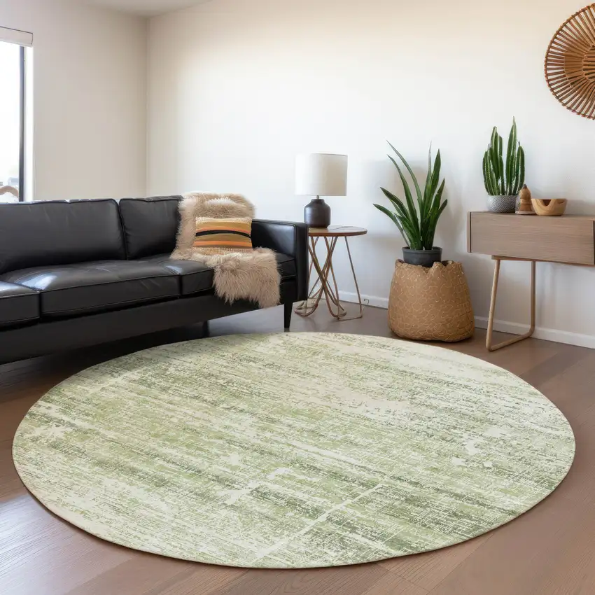 8' Artichoke Green Green And Ivory Round Abstract Washable Indoor Outdoor Area Rug Photo 7