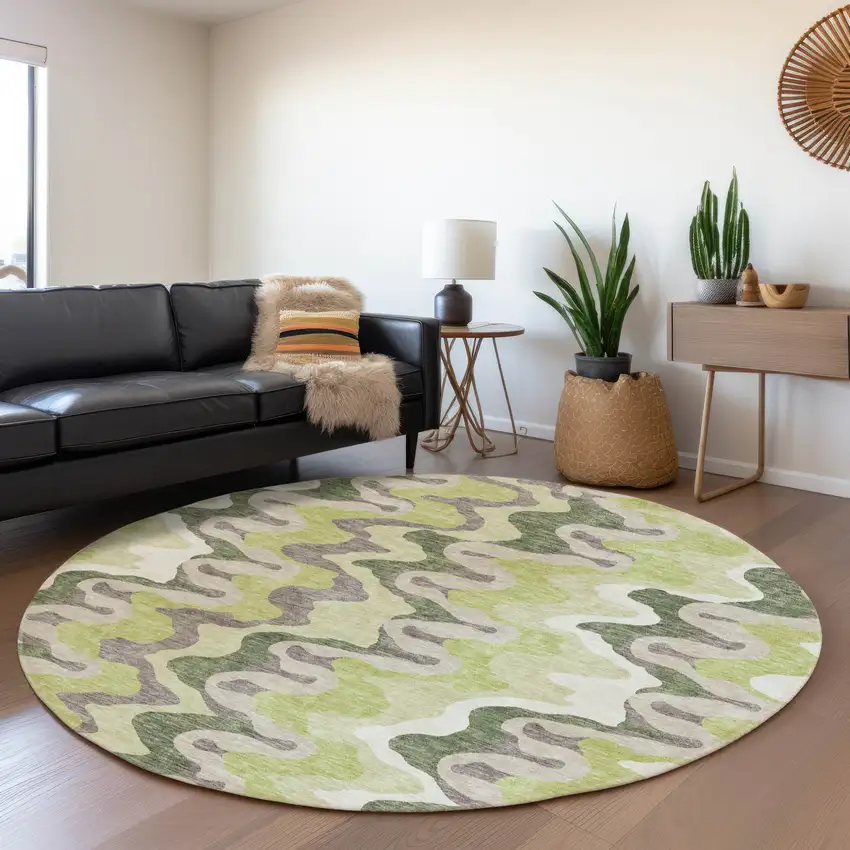 8' Artichoke Green Green And Ivory Round Abstract Washable Indoor Outdoor Area Rug Photo 8