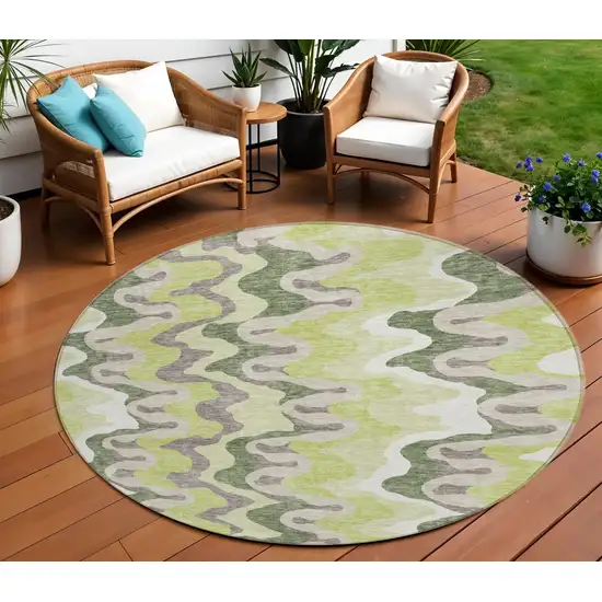 8' Artichoke Green Green And Ivory Round Abstract Washable Indoor Outdoor Area Rug Photo 1
