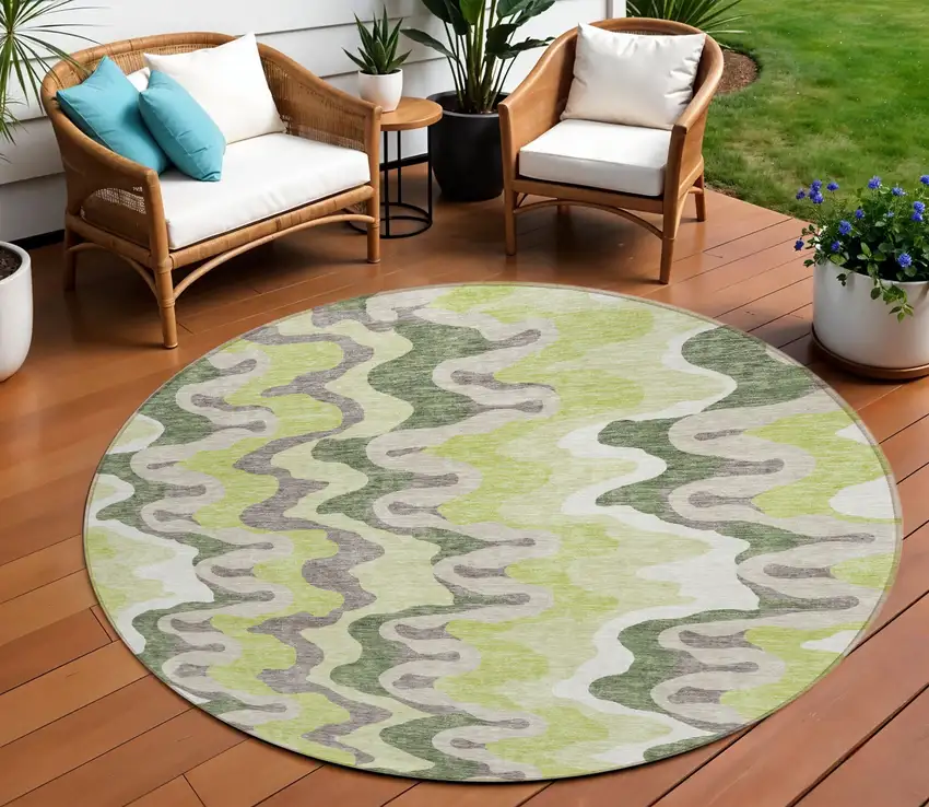 8' Artichoke Green Green And Ivory Round Abstract Washable Indoor Outdoor Area Rug Photo 1