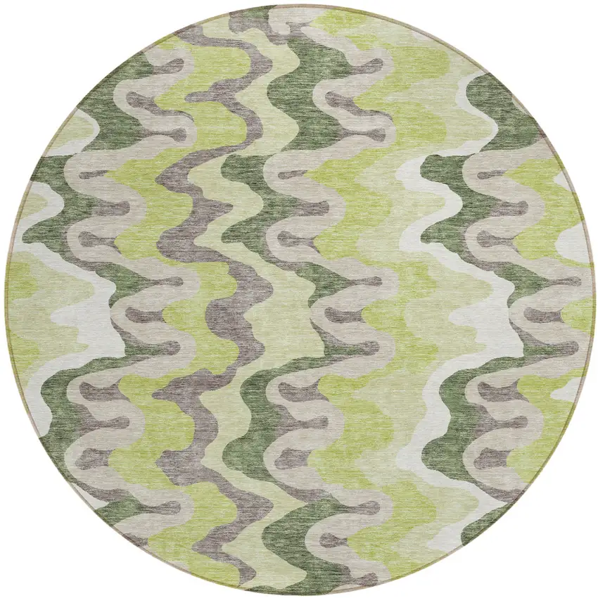 8' Artichoke Green Green And Ivory Round Abstract Washable Indoor Outdoor Area Rug Photo 1