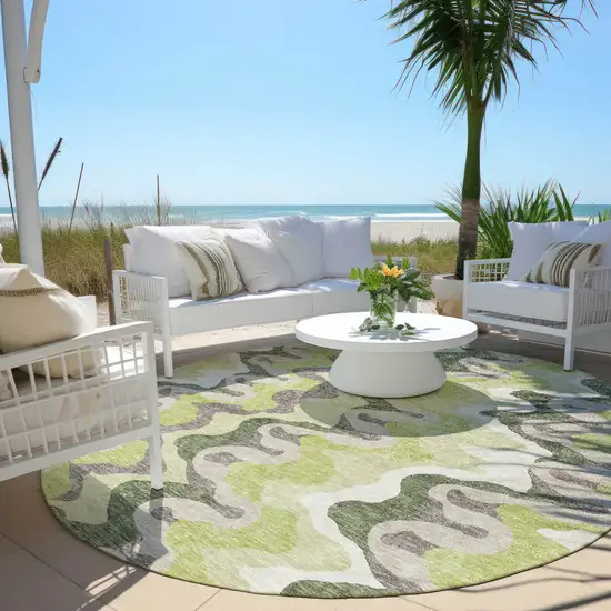 8' Artichoke Green Green And Ivory Round Abstract Washable Indoor Outdoor Area Rug Photo 6