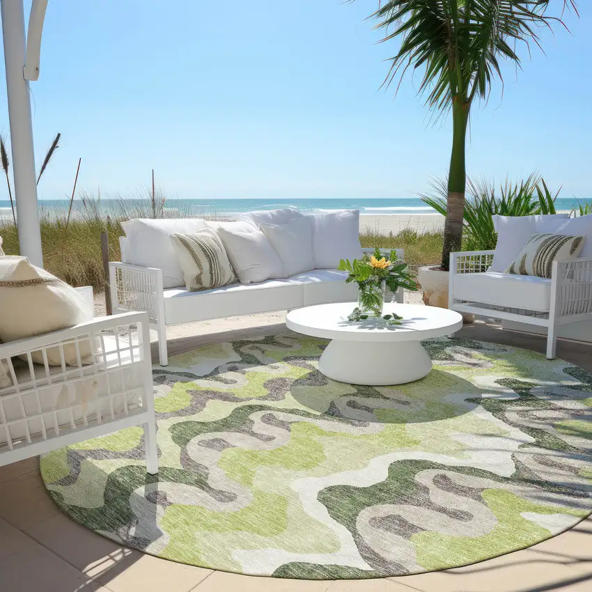 8' Artichoke Green Green And Ivory Round Abstract Washable Indoor Outdoor Area Rug Photo 6