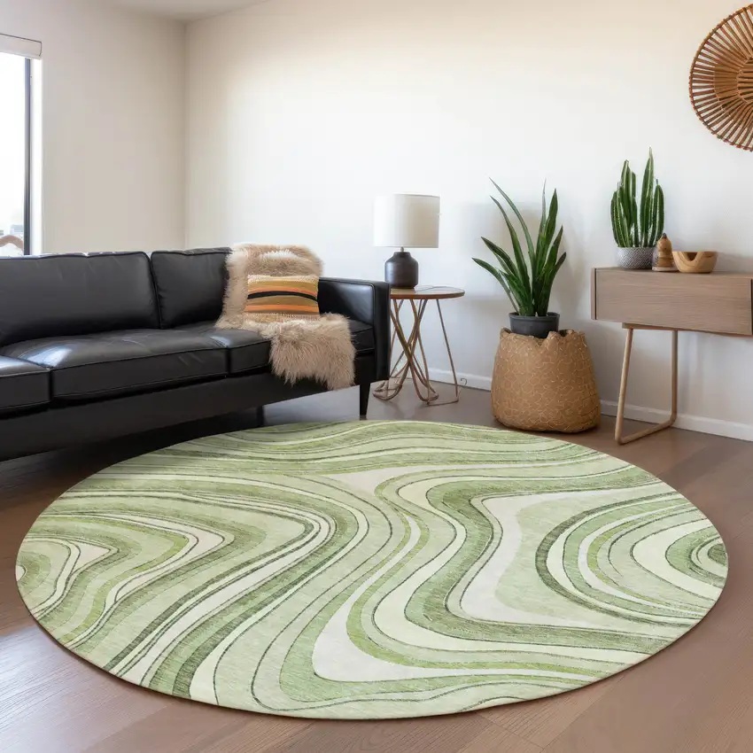 8' Artichoke Green Green And Ivory Round Abstract Washable Indoor Outdoor Area Rug Photo 7