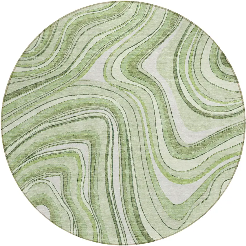 8' Artichoke Green Green And Ivory Round Abstract Washable Indoor Outdoor Area Rug Photo 1